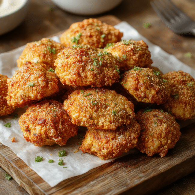A golden-brown crispy pretzel crusted chicken breast topped with melted cheese, served on a white plate with a side of fresh green salad and vibrant cherry tomatoes, styled simply on a rustic wooden table with natural sunlight highlighting the textures and colors of the dish.
