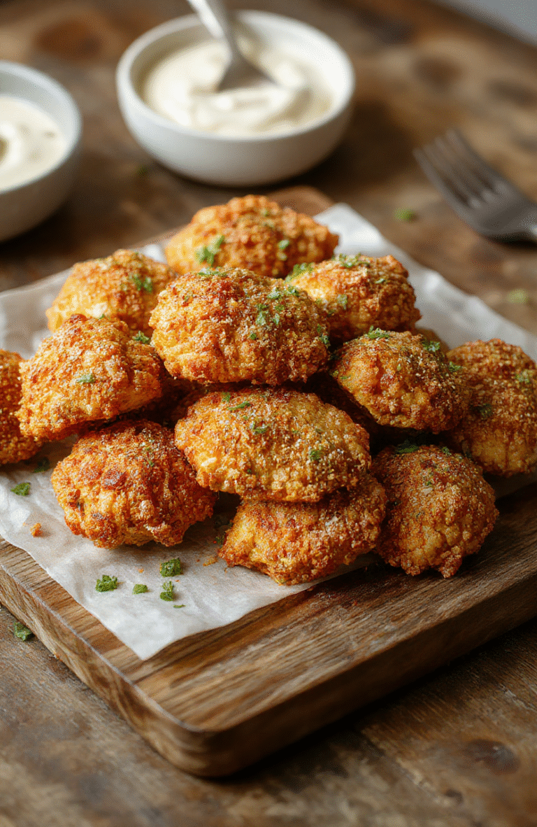 A golden-brown crispy pretzel crusted chicken breast topped with melted cheese, served on a white plate with a side of fresh green salad and vibrant cherry tomatoes, styled simply on a rustic wooden table with natural sunlight highlighting the textures and colors of the dish.