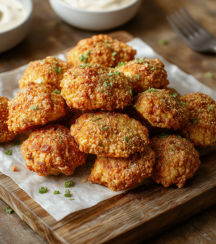 A golden-brown crispy pretzel crusted chicken breast topped with melted cheese, served on a white plate with a side of fresh green salad and vibrant cherry tomatoes, styled simply on a rustic wooden table with natural sunlight highlighting the textures and colors of the dish.