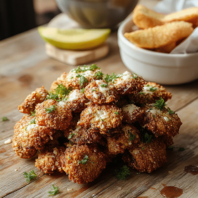 Golden brown crispy ranch mushrooms served on a white ceramic plate, garnished with fresh parsley. The mushrooms have a crunchy exterior with a tender interior, coated in a creamy ranch seasoning. The background features a rustic wooden table with scattered herbs and a small bowl of ranch dipping sauce, styled simply for an inviting, appetizing look.