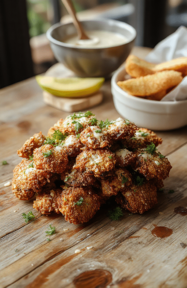 Golden brown crispy ranch mushrooms served on a white ceramic plate, garnished with fresh parsley. The mushrooms have a crunchy exterior with a tender interior, coated in a creamy ranch seasoning. The background features a rustic wooden table with scattered herbs and a small bowl of ranch dipping sauce, styled simply for an inviting, appetizing look.