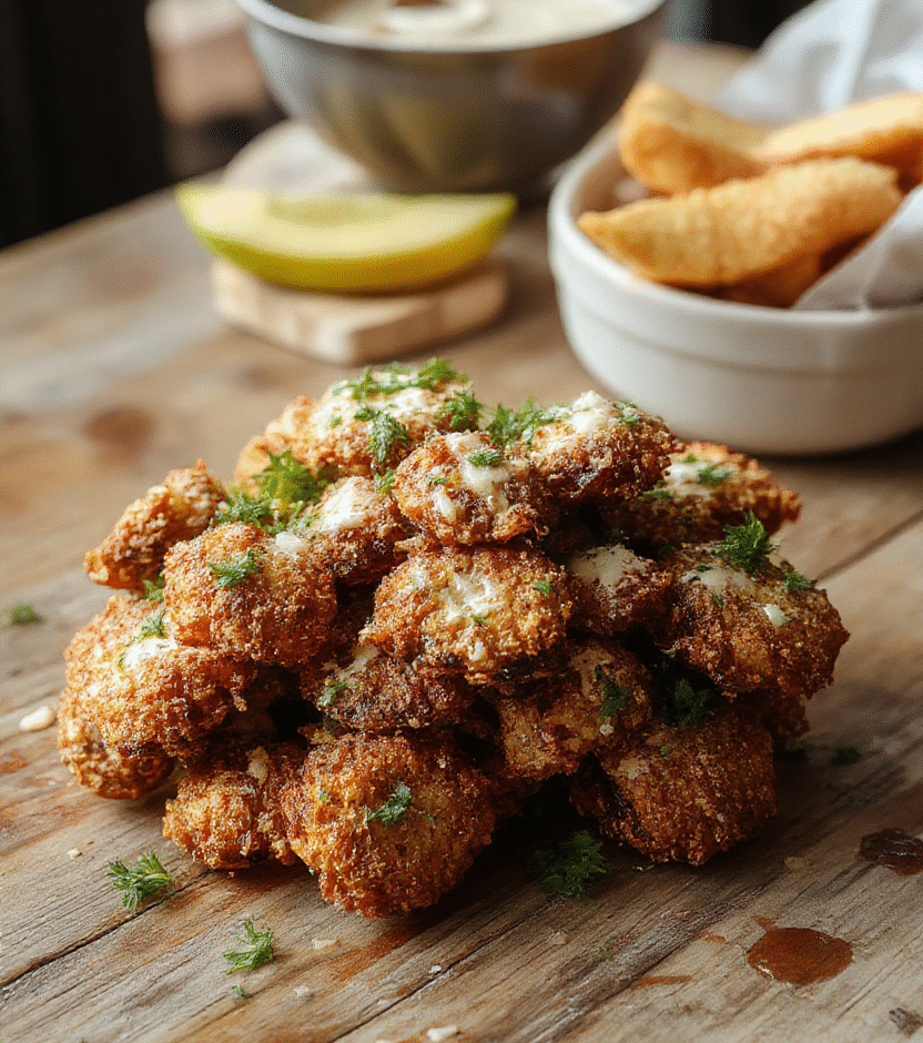 Golden brown crispy ranch mushrooms served on a white ceramic plate, garnished with fresh parsley. The mushrooms have a crunchy exterior with a tender interior, coated in a creamy ranch seasoning. The background features a rustic wooden table with scattered herbs and a small bowl of ranch dipping sauce, styled simply for an inviting, appetizing look.