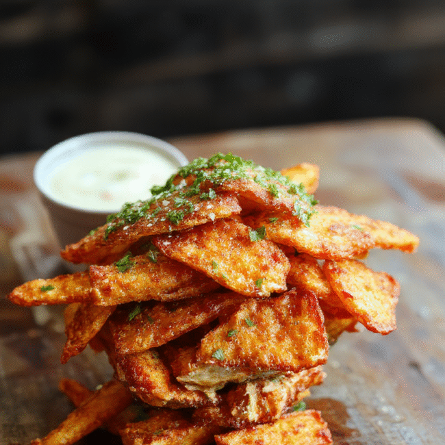 A close-up of golden-brown crispy sweet potato fries arranged on a rustic wooden board, garnished with fresh rosemary. The fries have a textured, crunchy exterior with a soft interior, showcasing their vibrant orange hue. The background features a blurred neutral-toned napkin and a dipping sauce in a small bowl, highlighting the inviting, homemade appeal of this side dish.