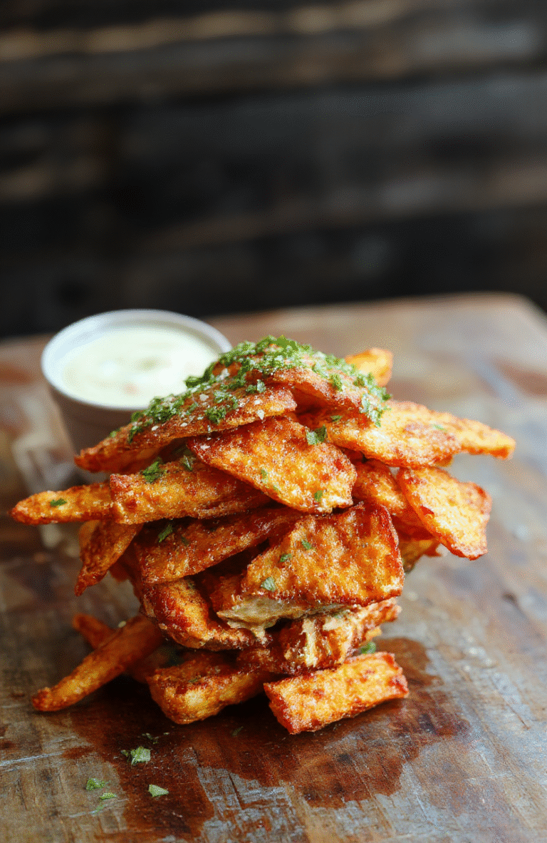 A close-up of golden-brown crispy sweet potato fries arranged on a rustic wooden board, garnished with fresh rosemary. The fries have a textured, crunchy exterior with a soft interior, showcasing their vibrant orange hue. The background features a blurred neutral-toned napkin and a dipping sauce in a small bowl, highlighting the inviting, homemade appeal of this side dish.