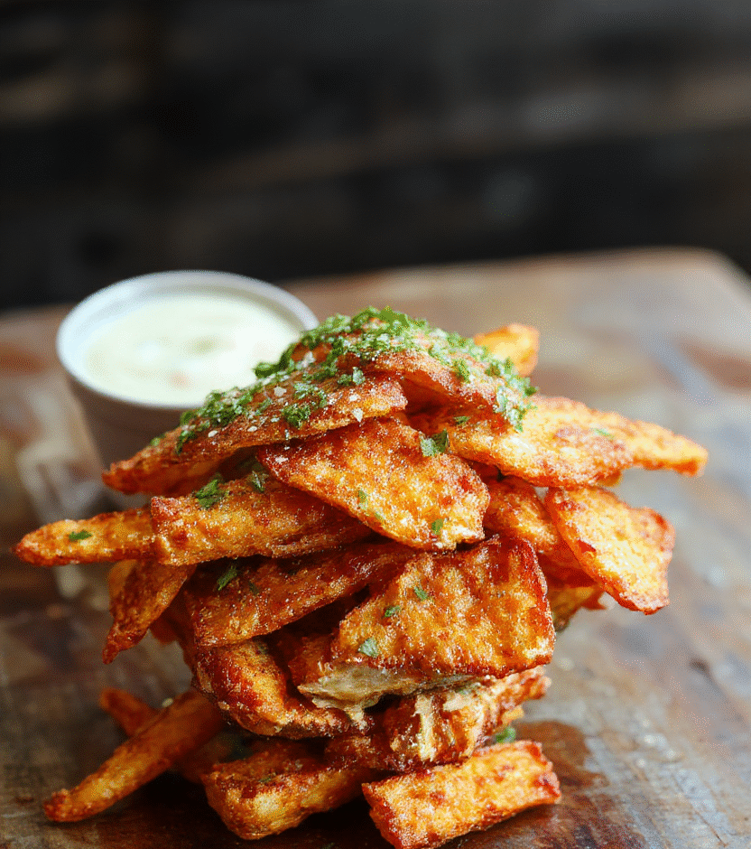 A close-up of golden-brown crispy sweet potato fries arranged on a rustic wooden board, garnished with fresh rosemary. The fries have a textured, crunchy exterior with a soft interior, showcasing their vibrant orange hue. The background features a blurred neutral-toned napkin and a dipping sauce in a small bowl, highlighting the inviting, homemade appeal of this side dish.