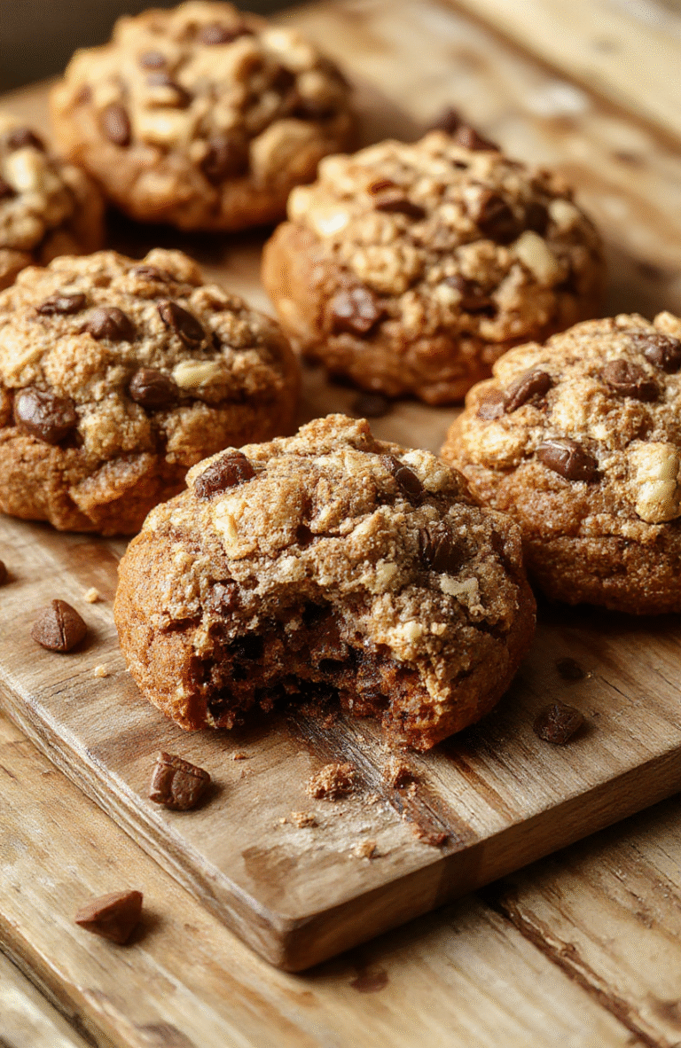 Golden-brown coffee cake cookies topped with crunchy crumble, arranged on a rustic wooden board with a cup of coffee in the background. The cookies showcase a soft interior with a buttery, crumbly topping, styled for a cozy breakfast scene.
