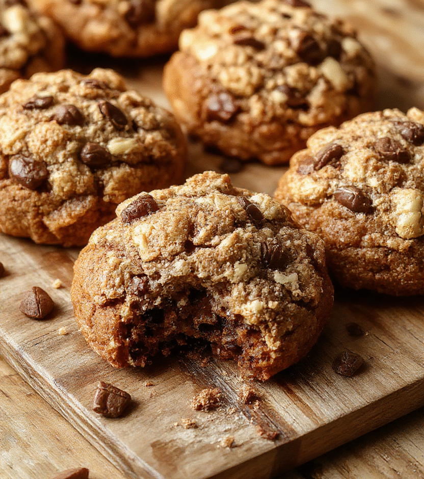 Golden-brown coffee cake cookies topped with crunchy crumble, arranged on a rustic wooden board with a cup of coffee in the background. The cookies showcase a soft interior with a buttery, crumbly topping, styled for a cozy breakfast scene.