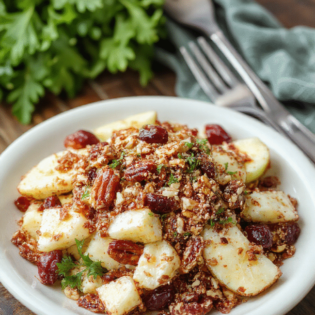 A vibrant salad featuring crisp green apple slices, ruby red cranberries, crunchy pecans, and fresh greens, all tossed in a light dressing, arranged on a rustic wooden platter with colorful ingredients visible and a festive holiday backdrop.