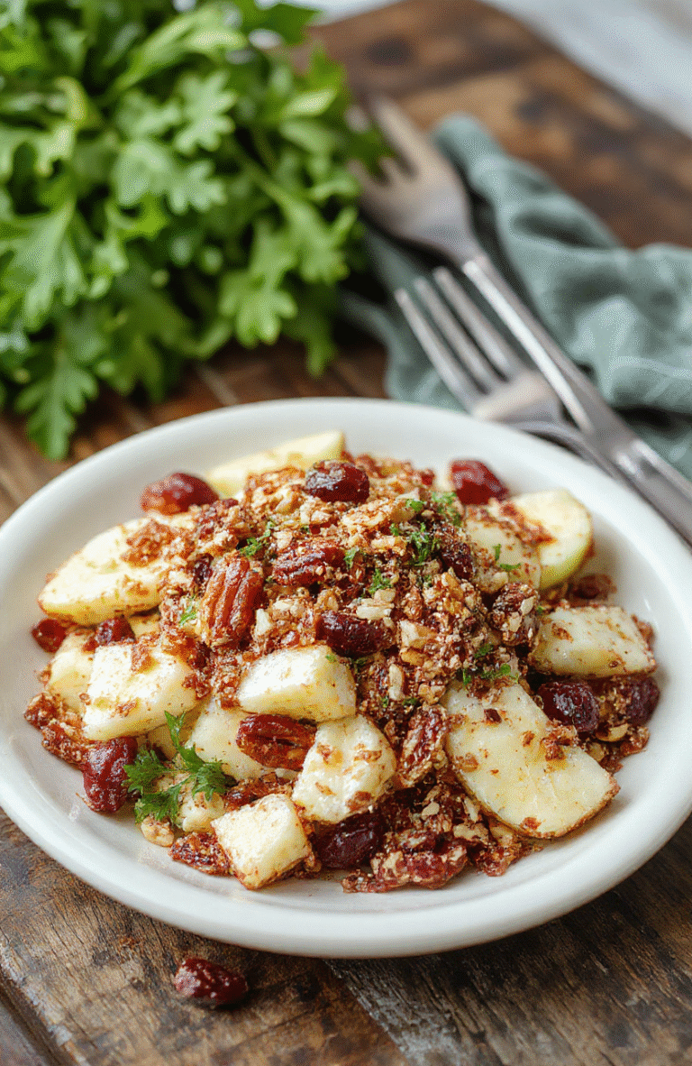A vibrant salad featuring crisp green apple slices, ruby red cranberries, crunchy pecans, and fresh greens, all tossed in a light dressing, arranged on a rustic wooden platter with colorful ingredients visible and a festive holiday backdrop.
