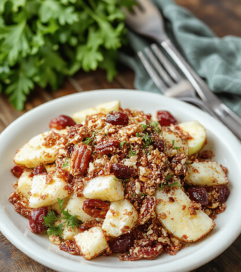 A vibrant salad featuring crisp green apple slices, ruby red cranberries, crunchy pecans, and fresh greens, all tossed in a light dressing, arranged on a rustic wooden platter with colorful ingredients visible and a festive holiday backdrop.