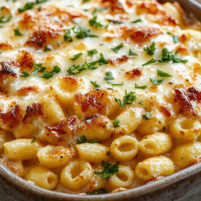 A close-up of a golden-brown, crispy crunchy baked mac and cheese served in a rustic dish. The bubbling cheesy pasta is topped with a crispy breadcrumb crust, with vibrant orange and golden hues, garnished with fresh herbs. The dish looks rich, creamy, and inviting with a textured crust, and is styled simply to showcase its cheesy, crispy appeal.
