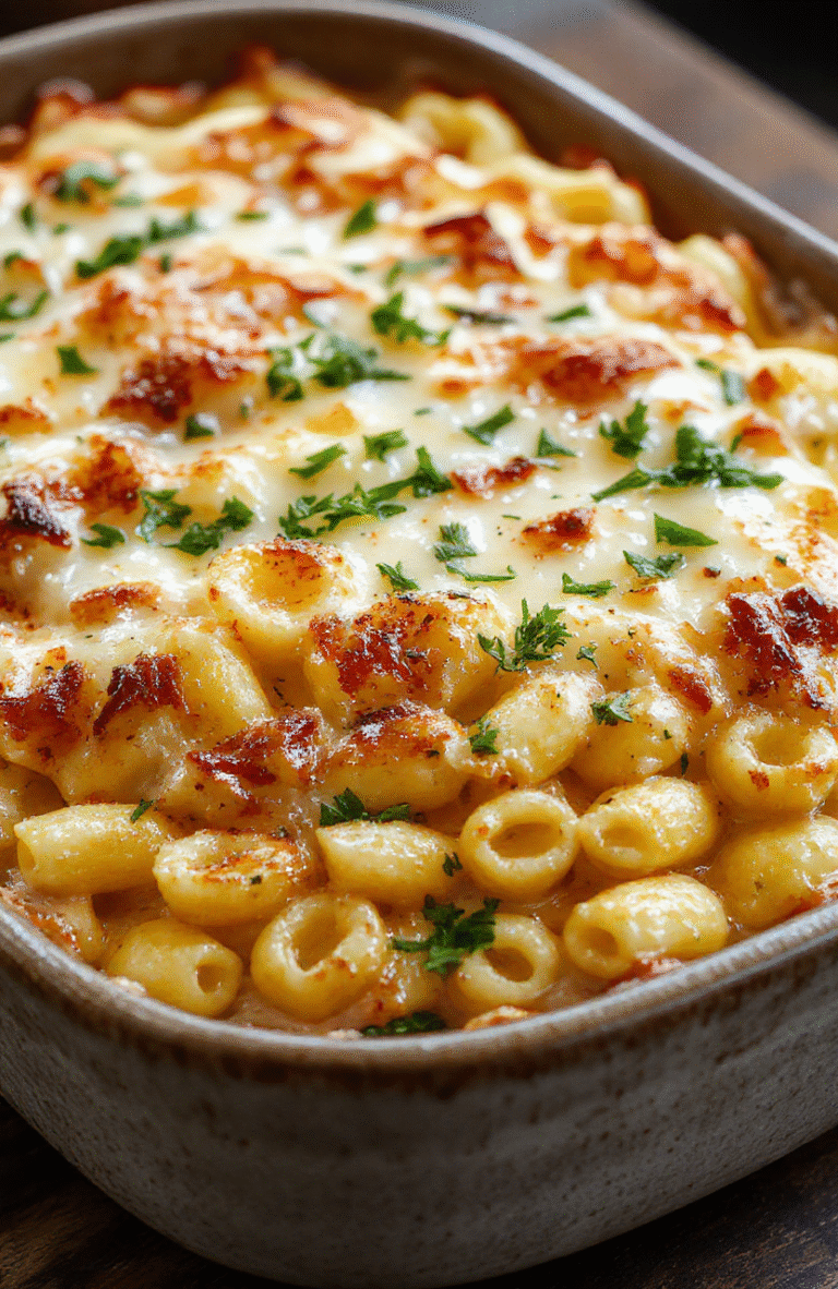 A close-up of a golden-brown, crispy crunchy baked mac and cheese served in a rustic dish. The bubbling cheesy pasta is topped with a crispy breadcrumb crust, with vibrant orange and golden hues, garnished with fresh herbs. The dish looks rich, creamy, and inviting with a textured crust, and is styled simply to showcase its cheesy, crispy appeal.