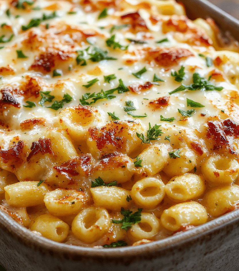 A close-up of a golden-brown, crispy crunchy baked mac and cheese served in a rustic dish. The bubbling cheesy pasta is topped with a crispy breadcrumb crust, with vibrant orange and golden hues, garnished with fresh herbs. The dish looks rich, creamy, and inviting with a textured crust, and is styled simply to showcase its cheesy, crispy appeal.