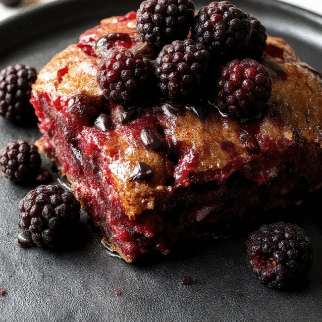 A slice of rich blackberry cake with dark purple and black hues, layered with glossy blackberry glaze and topped with fresh blackberries and edible gothic-themed decorations, elegantly presented on a black slate plate with a dark background for a striking contrast.