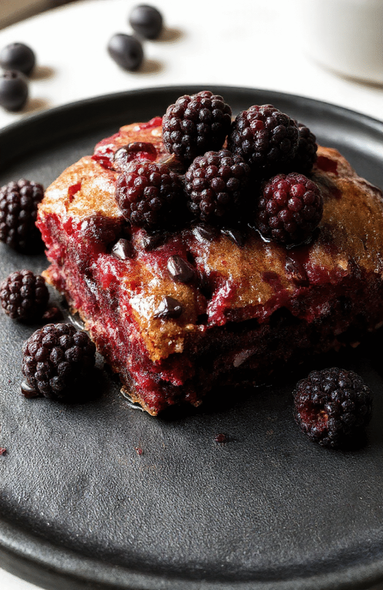 A slice of rich blackberry cake with dark purple and black hues, layered with glossy blackberry glaze and topped with fresh blackberries and edible gothic-themed decorations, elegantly presented on a black slate plate with a dark background for a striking contrast.