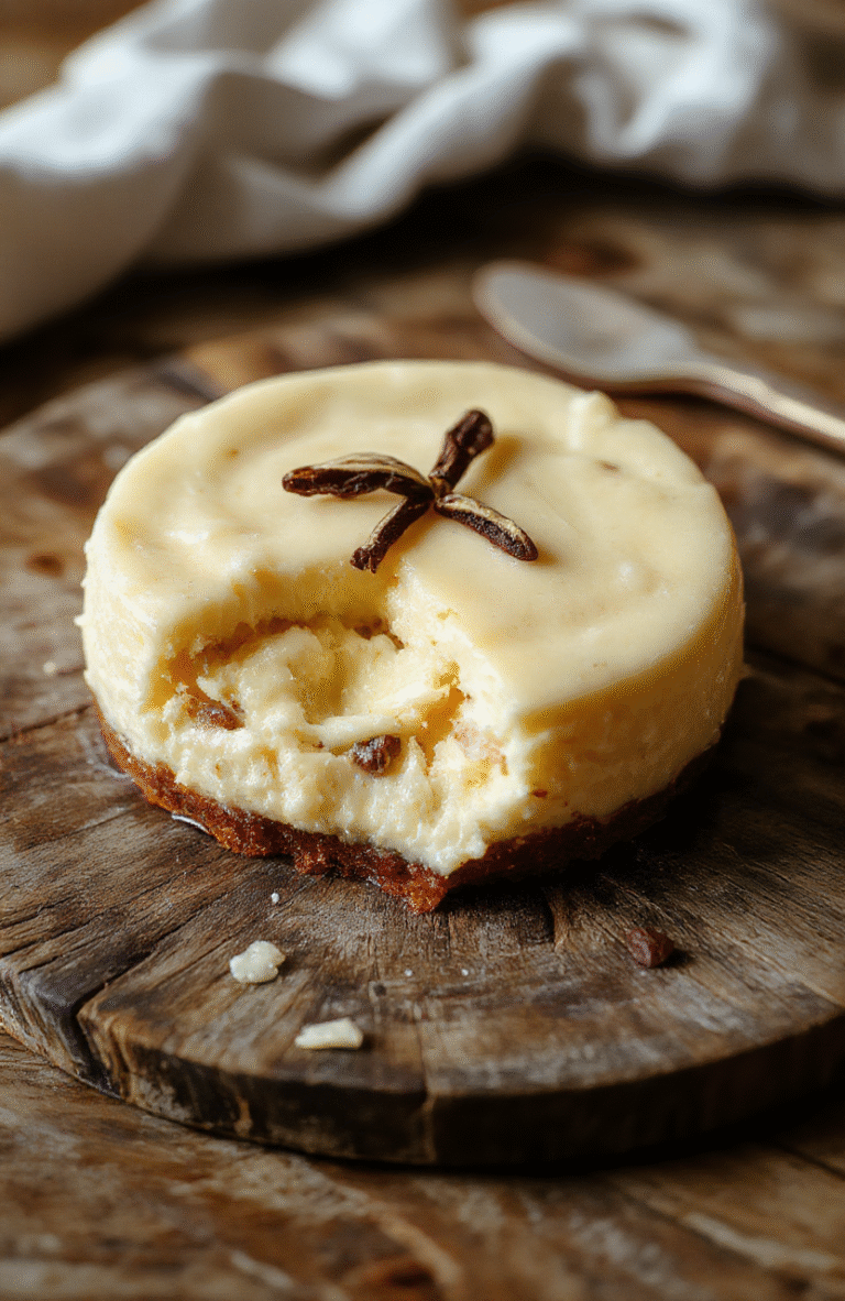 A creamy slice of cheesecake with a golden brown top, garnished with vanilla bean specks and a drizzle of brown butter sauce on a rustic white plate, with a textured wooden background, soft natural light highlighting the smooth texture and rich color of the dessert.