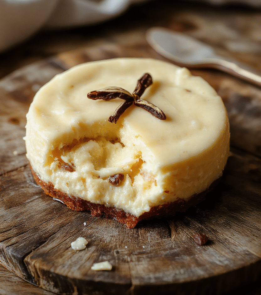 A creamy slice of cheesecake with a golden brown top, garnished with vanilla bean specks and a drizzle of brown butter sauce on a rustic white plate, with a textured wooden background, soft natural light highlighting the smooth texture and rich color of the dessert.