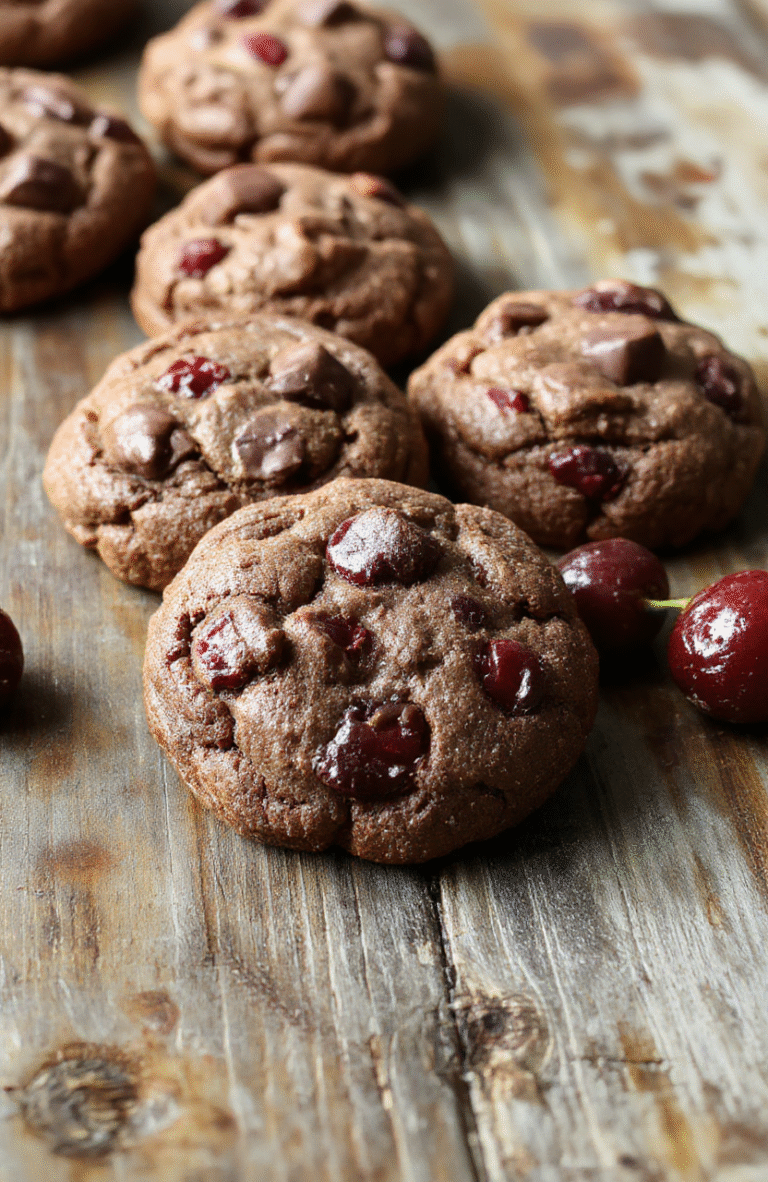 A plate of rich, glossy chocolate cherry cookies with vibrant red cherries and dark chocolate chips on a rustic wooden surface, styled with a sprinkle of powdered sugar and fresh cherries around for a festive, inviting look.