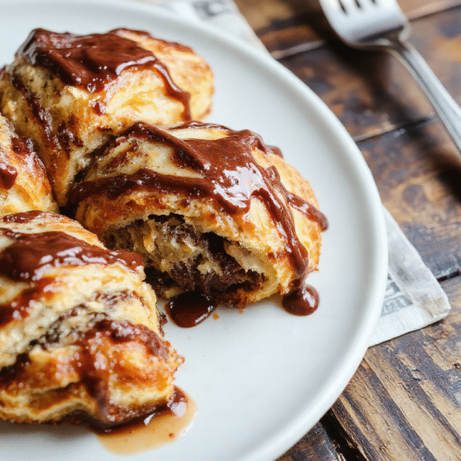 A golden-brown layered chocolate croissant bake topped with powdered sugar, served on a rustic white plate. The bake has a flaky, crispy crust with gooey melted chocolate visible inside. The presentation is cozy and inviting, with a hint of powdered sugar dusted on top, styled on a wooden table with natural lighting highlighting the textures.