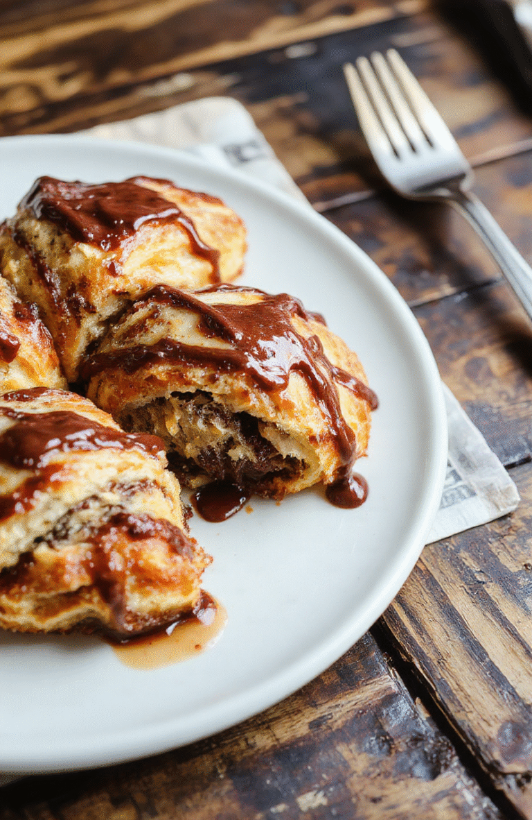 A golden-brown layered chocolate croissant bake topped with powdered sugar, served on a rustic white plate. The bake has a flaky, crispy crust with gooey melted chocolate visible inside. The presentation is cozy and inviting, with a hint of powdered sugar dusted on top, styled on a wooden table with natural lighting highlighting the textures.