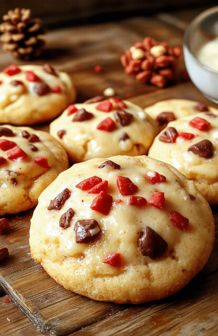 A plate of gooey Christmas butter cookies with a glossy sugar glaze, adorned with sprinkles and festive decorations on a rustic wooden table.