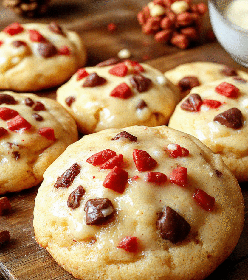A plate of gooey Christmas butter cookies with a glossy sugar glaze, adorned with sprinkles and festive decorations on a rustic wooden table.