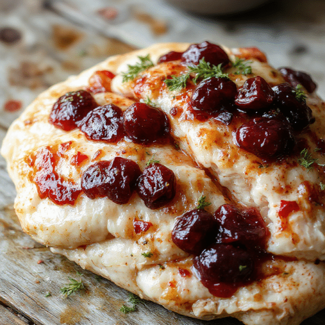 A beautifully plated Decadent Cranberry Brie Chicken dish showcasing tender chicken topped with melted Brie cheese and vibrant cranberry sauce, garnished with fresh herbs, on elegant white ceramic plate with a rustic wooden background, highlighting the glossy sauce and creamy cheese contrasting with the crispy chicken skin.