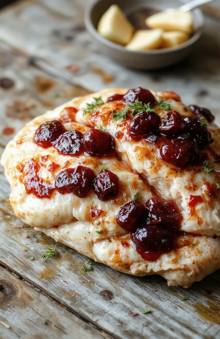 A beautifully plated Decadent Cranberry Brie Chicken dish showcasing tender chicken topped with melted Brie cheese and vibrant cranberry sauce, garnished with fresh herbs, on elegant white ceramic plate with a rustic wooden background, highlighting the glossy sauce and creamy cheese contrasting with the crispy chicken skin.