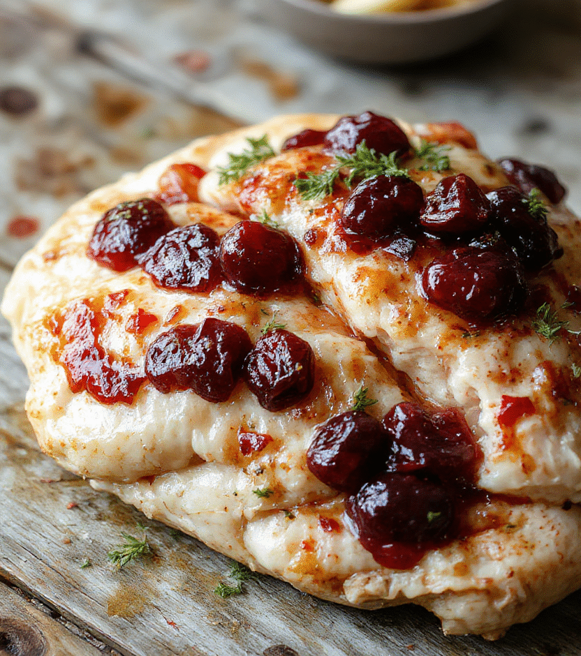A beautifully plated Decadent Cranberry Brie Chicken dish showcasing tender chicken topped with melted Brie cheese and vibrant cranberry sauce, garnished with fresh herbs, on elegant white ceramic plate with a rustic wooden background, highlighting the glossy sauce and creamy cheese contrasting with the crispy chicken skin.