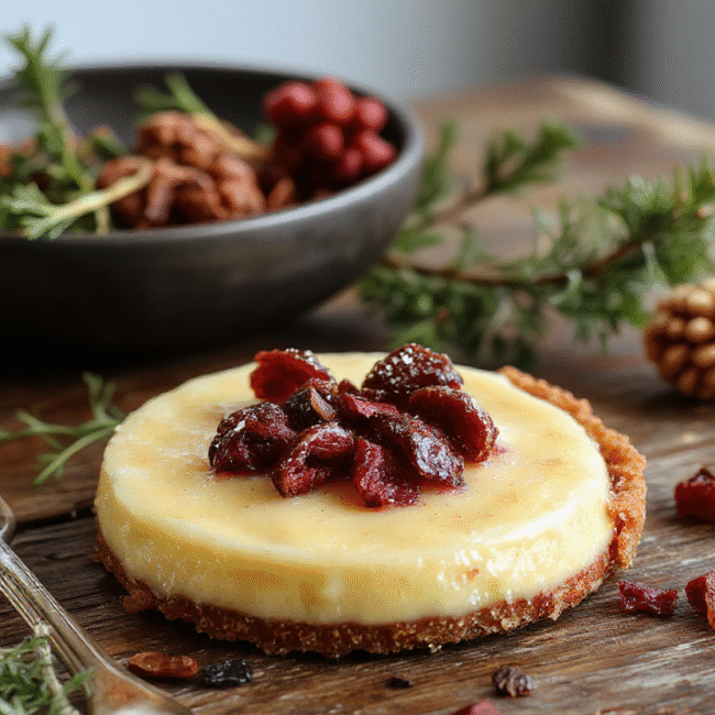A rich, golden custard pie topped with a lightly browned crust, sliced beautifully to reveal the smooth, velvety filling. The pie sits on a rustic wooden table, garnished with a sprinkle of cinnamon and a dollop of whipped cream, showcasing its luscious texture and inviting appearance.