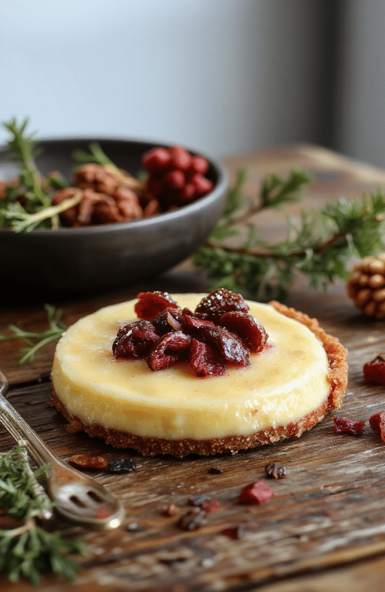 A rich, golden custard pie topped with a lightly browned crust, sliced beautifully to reveal the smooth, velvety filling. The pie sits on a rustic wooden table, garnished with a sprinkle of cinnamon and a dollop of whipped cream, showcasing its luscious texture and inviting appearance.