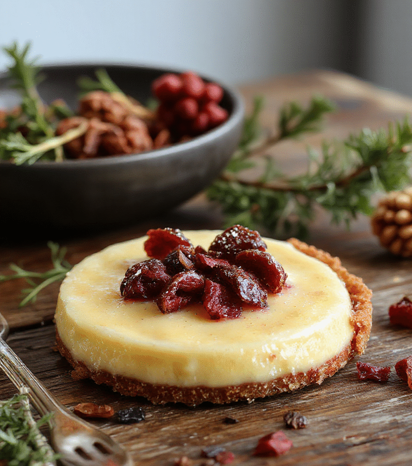 A rich, golden custard pie topped with a lightly browned crust, sliced beautifully to reveal the smooth, velvety filling. The pie sits on a rustic wooden table, garnished with a sprinkle of cinnamon and a dollop of whipped cream, showcasing its luscious texture and inviting appearance.