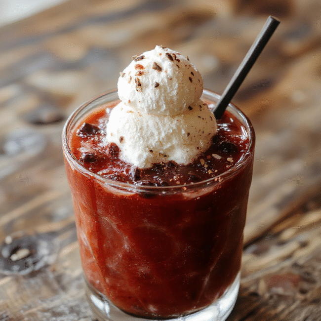 A vibrant glass of Decadent Dirty Snowman Cocktail with snowy white whipped cream topping, garnished with a chocolate drizzle and a festive peppermint candy, on a rustic wooden surface with colorful holiday lights blurred in the background, showcasing a creamy and indulgent drink perfect for holiday celebrations.