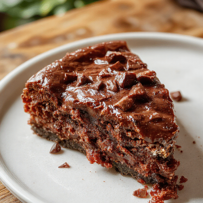 A rich and creamy German chocolate cheesecake topped with shiny chocolate glaze, sprinkled with toasted coconut and chopped pecans, presented on a rustic white platter with chocolate shavings around the edges, with a subtle blurred background of a cozy kitchen.