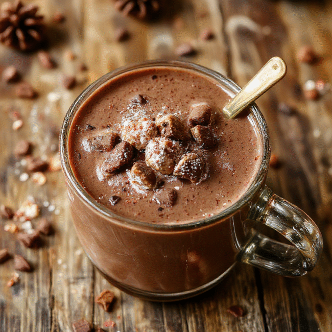 A rich, velvety mug of hot chocolate topped with whipped cream, chocolate shavings, and marshmallows, beautifully styled on a rustic wooden table with sprigs of cinnamon and cocoa powder for a cozy holiday feel