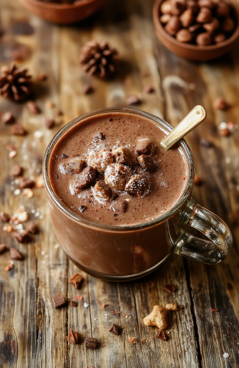 A rich, velvety mug of hot chocolate topped with whipped cream, chocolate shavings, and marshmallows, beautifully styled on a rustic wooden table with sprigs of cinnamon and cocoa powder for a cozy holiday feel