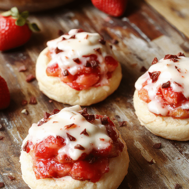 A cluster of golden cream puffs filled with vibrant red strawberry cream, topped with powdered sugar and fresh strawberry slices, styled on a white plate with a rustic wooden backdrop, capturing textures and colorful details