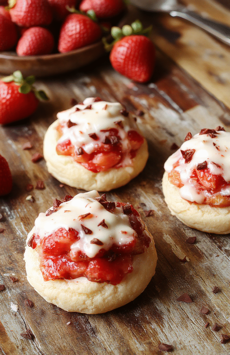 A cluster of golden cream puffs filled with vibrant red strawberry cream, topped with powdered sugar and fresh strawberry slices, styled on a white plate with a rustic wooden backdrop, capturing textures and colorful details