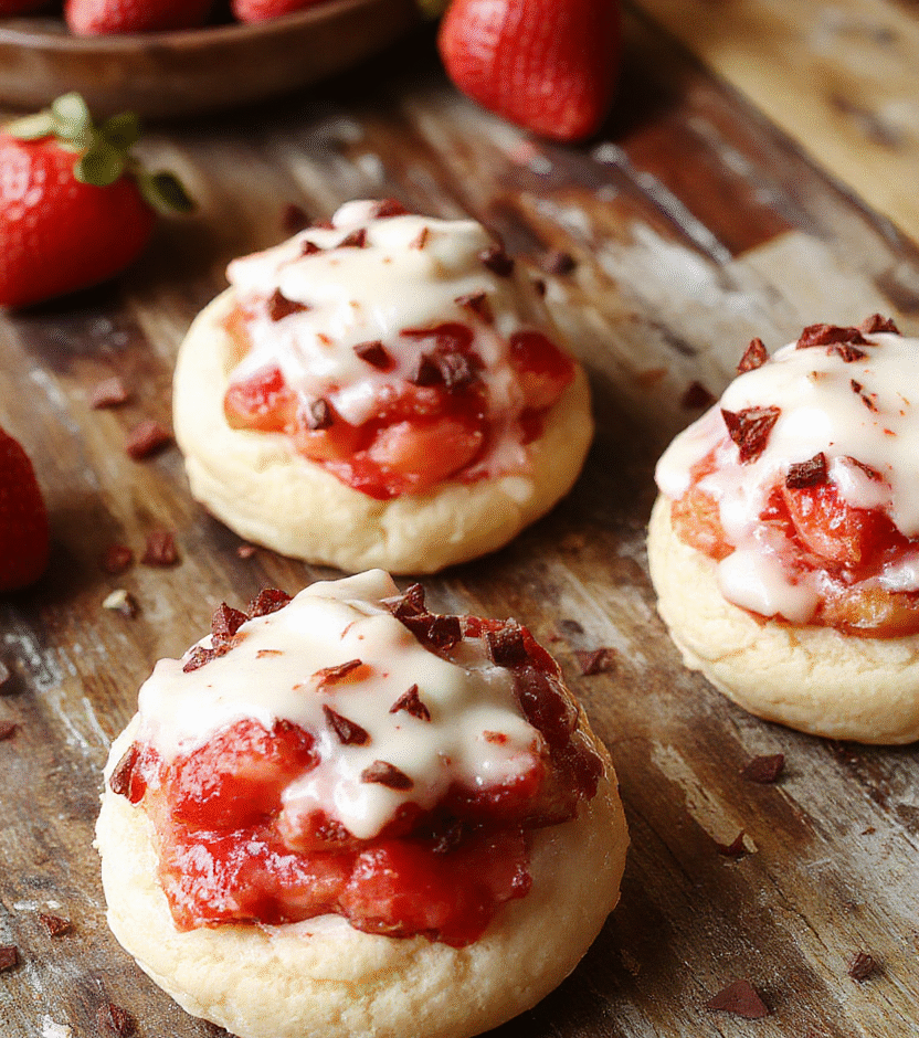 A cluster of golden cream puffs filled with vibrant red strawberry cream, topped with powdered sugar and fresh strawberry slices, styled on a white plate with a rustic wooden backdrop, capturing textures and colorful details