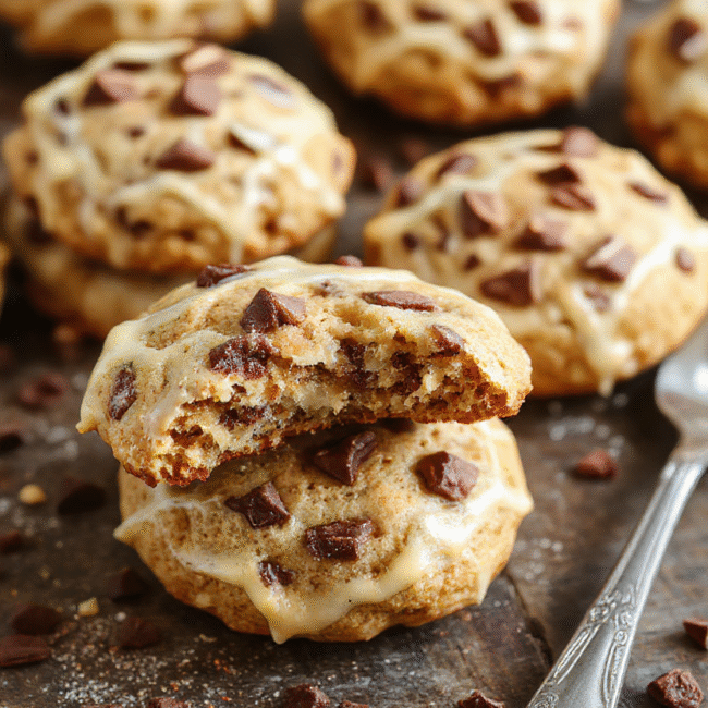 A close-up of golden-brown coffee cake cookies with a crumbly topping, arranged on a rustic plate. The cookies are topped with a drizzle of glaze, flaky and crumbly textures visible, set against a warm background with festive fall decor and soft natural light highlighting their appealing surface.