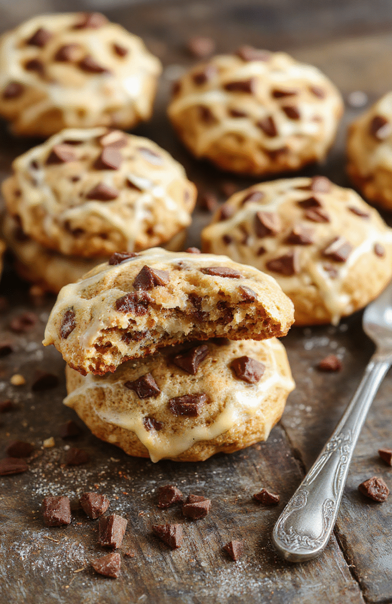 A close-up of golden-brown coffee cake cookies with a crumbly topping, arranged on a rustic plate. The cookies are topped with a drizzle of glaze, flaky and crumbly textures visible, set against a warm background with festive fall decor and soft natural light highlighting their appealing surface.