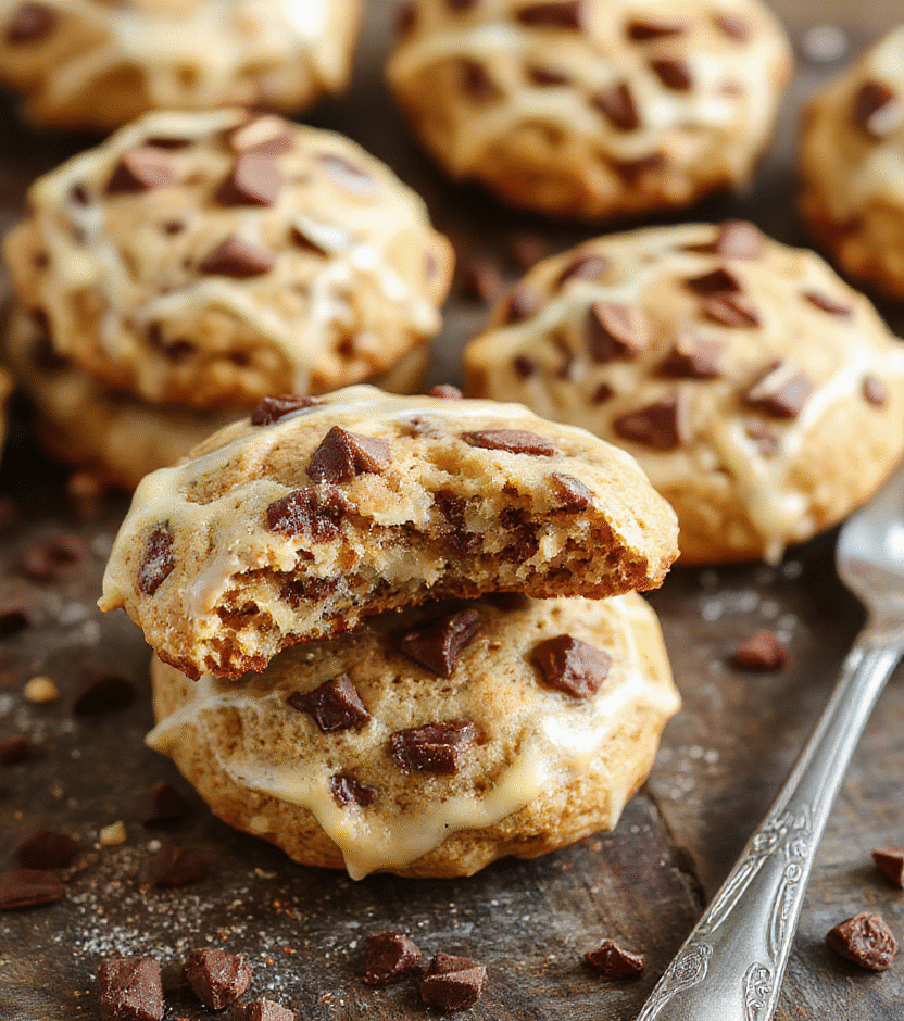 A close-up of golden-brown coffee cake cookies with a crumbly topping, arranged on a rustic plate. The cookies are topped with a drizzle of glaze, flaky and crumbly textures visible, set against a warm background with festive fall decor and soft natural light highlighting their appealing surface.