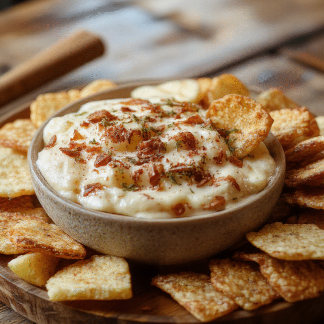 A vibrant bowl of creamy apple dip topped with cinnamon sugar, surrounded by crispy cinnamon chips on a rustic wooden platter. The dip is garnished with a sprinkle of cinnamon and apple slices, with a few chips dipped and ready to enjoy. Natural daylight highlights the warm tones of the cinnamon and the fresh crispness of the apple slices, creating an inviting and cozy dessert presentation.