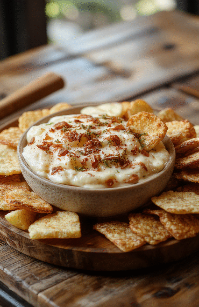 A vibrant bowl of creamy apple dip topped with cinnamon sugar, surrounded by crispy cinnamon chips on a rustic wooden platter. The dip is garnished with a sprinkle of cinnamon and apple slices, with a few chips dipped and ready to enjoy. Natural daylight highlights the warm tones of the cinnamon and the fresh crispness of the apple slices, creating an inviting and cozy dessert presentation.