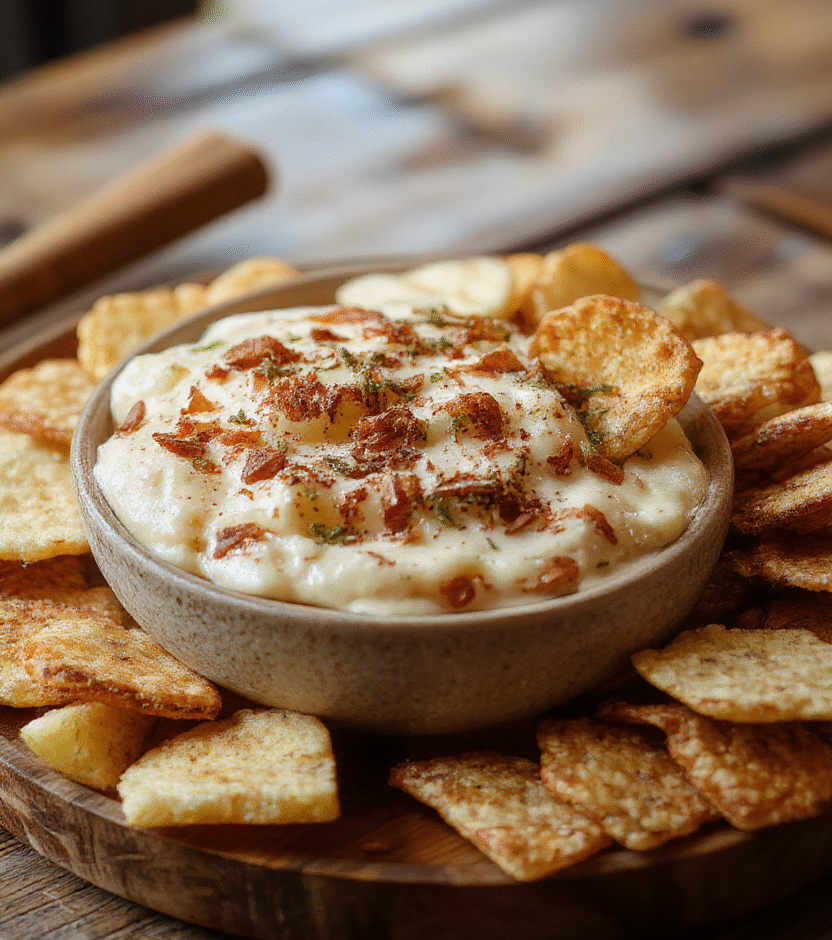 A vibrant bowl of creamy apple dip topped with cinnamon sugar, surrounded by crispy cinnamon chips on a rustic wooden platter. The dip is garnished with a sprinkle of cinnamon and apple slices, with a few chips dipped and ready to enjoy. Natural daylight highlights the warm tones of the cinnamon and the fresh crispness of the apple slices, creating an inviting and cozy dessert presentation.
