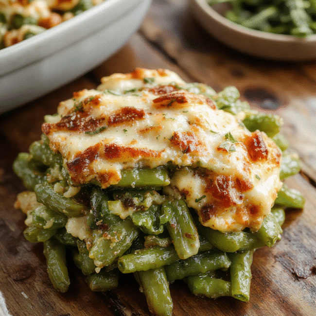 A vibrant green bean casserole served in a rustic white baking dish. The casserole features crisp, golden fried onions on top, creamy green beans, and a rich, cheesy sauce. The dish is styled on a wooden table with a sprinkle of herbs and a rustic cloth nearby, evoking a festive holiday atmosphere. The textures of the crispy onions contrast with the tender green beans and creamy sauce, making it visually appealing and mouthwatering.