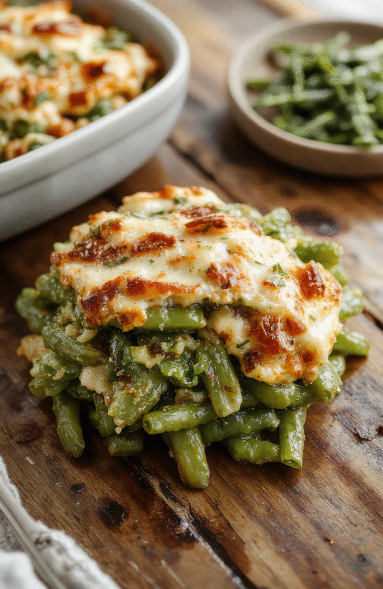 A vibrant green bean casserole served in a rustic white baking dish. The casserole features crisp, golden fried onions on top, creamy green beans, and a rich, cheesy sauce. The dish is styled on a wooden table with a sprinkle of herbs and a rustic cloth nearby, evoking a festive holiday atmosphere. The textures of the crispy onions contrast with the tender green beans and creamy sauce, making it visually appealing and mouthwatering.