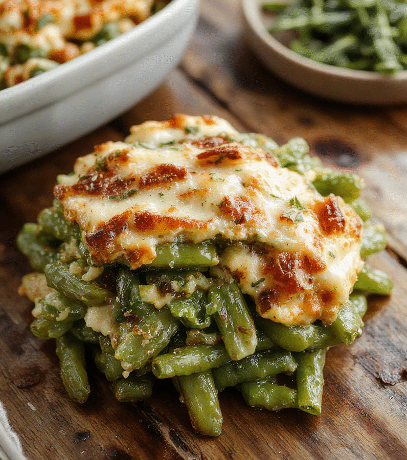 A vibrant green bean casserole served in a rustic white baking dish. The casserole features crisp, golden fried onions on top, creamy green beans, and a rich, cheesy sauce. The dish is styled on a wooden table with a sprinkle of herbs and a rustic cloth nearby, evoking a festive holiday atmosphere. The textures of the crispy onions contrast with the tender green beans and creamy sauce, making it visually appealing and mouthwatering.