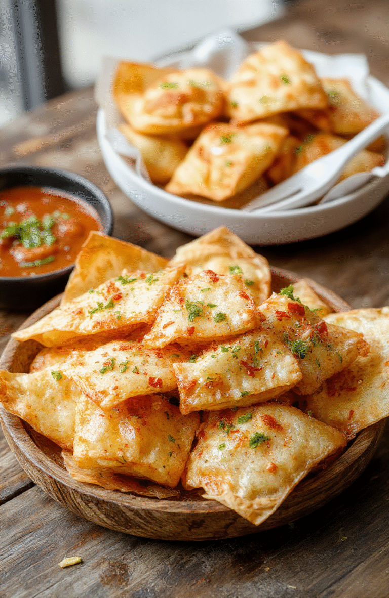 Golden crispy crab rangoons filled with creamy crab cheese mixture, arranged on a white plate with a sweet chili dipping sauce, garnished with green onions, on a wooden table, with a clean background, vibrant colors, and a focus on the textures of the crunchy wrappers and smooth filling.