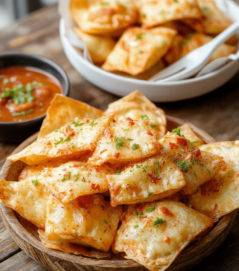 Golden crispy crab rangoons filled with creamy crab cheese mixture, arranged on a white plate with a sweet chili dipping sauce, garnished with green onions, on a wooden table, with a clean background, vibrant colors, and a focus on the textures of the crunchy wrappers and smooth filling.